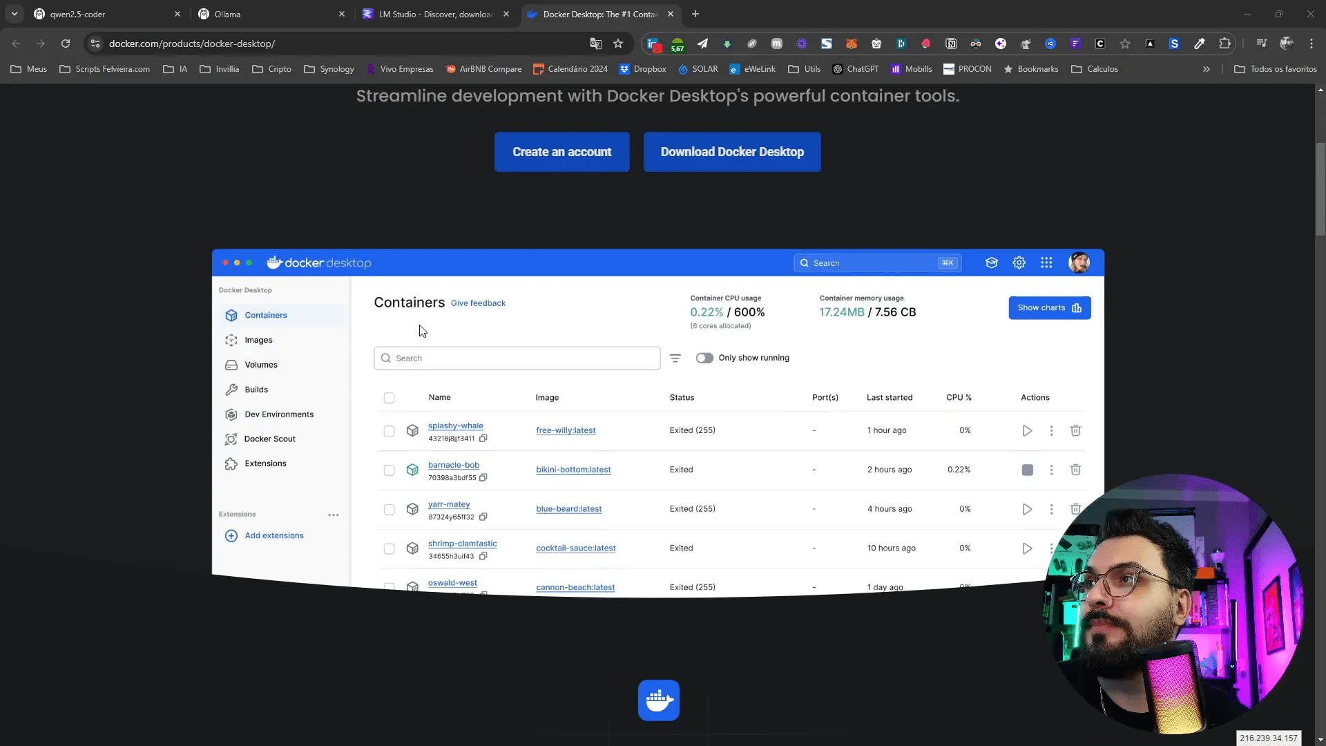 Interface do Docker Desktop mostrando containers
