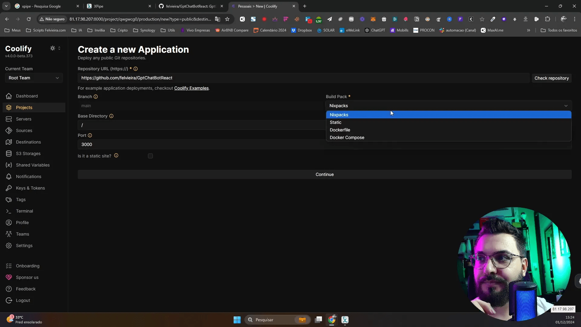 Configurando um novo projeto no Coolify