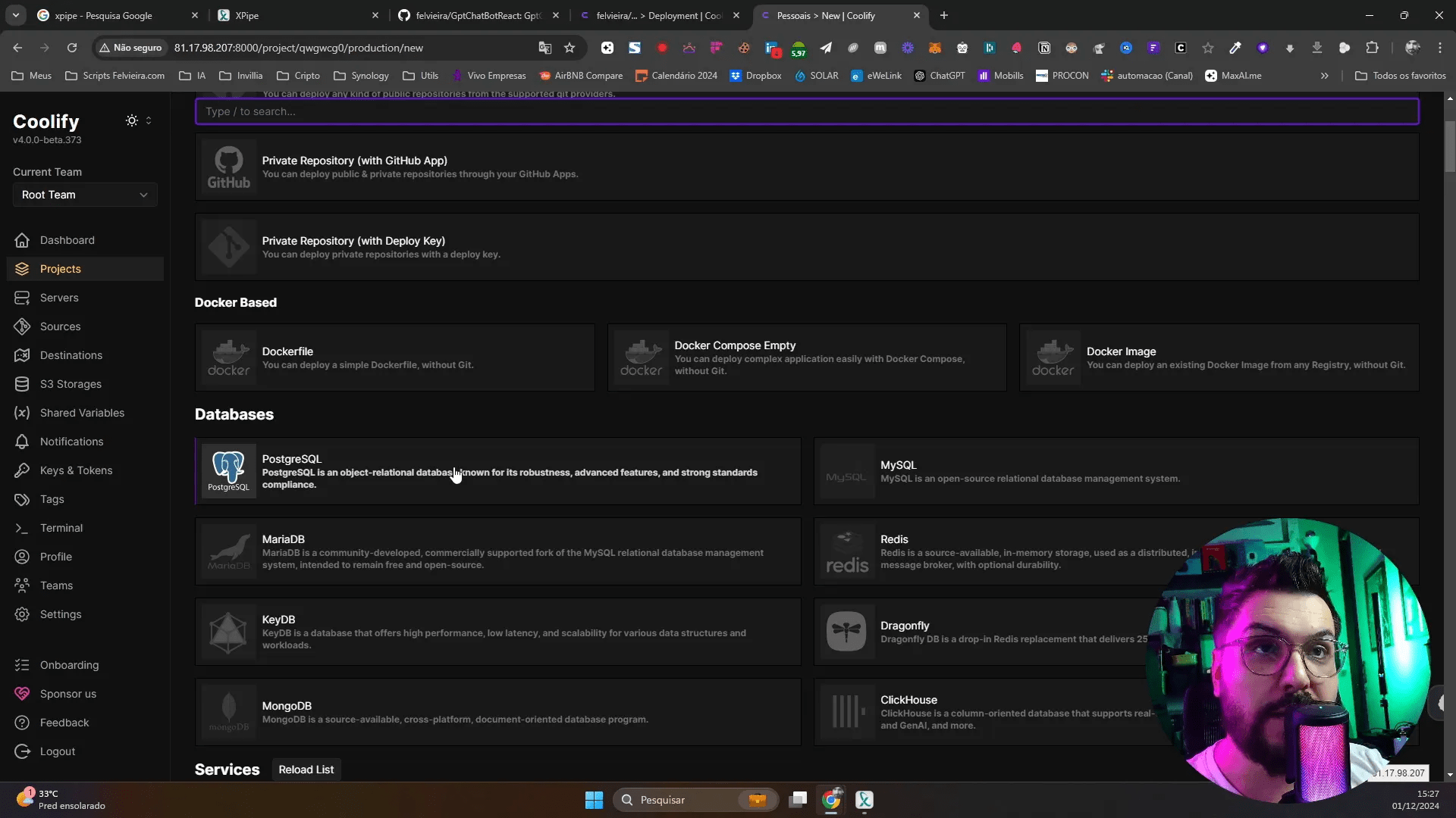 Selecionando serviço no Coolify