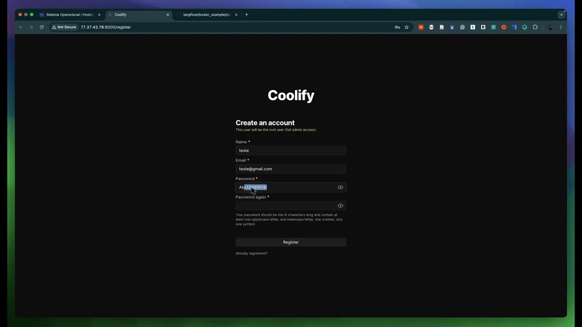 Criando uma Conta no Coolify