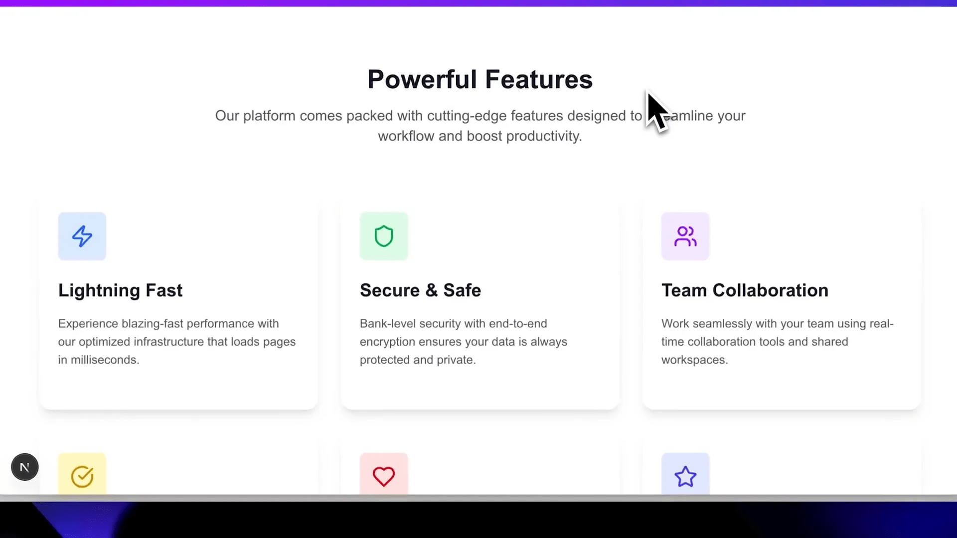 Cartões com efeito 3D e rotação em landing page criada com Cursor AI