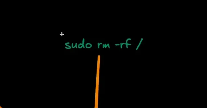 texto 'sudo rm -rf /' escrito em verde numa lousa digital sobre fundo preto