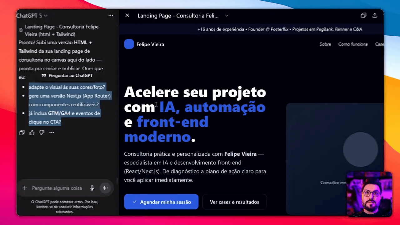 Preview da landing gerada pela Lovable mostrando hero com título grande, subtítulo curto e botão 'Agendar minha sessão' em destaque.