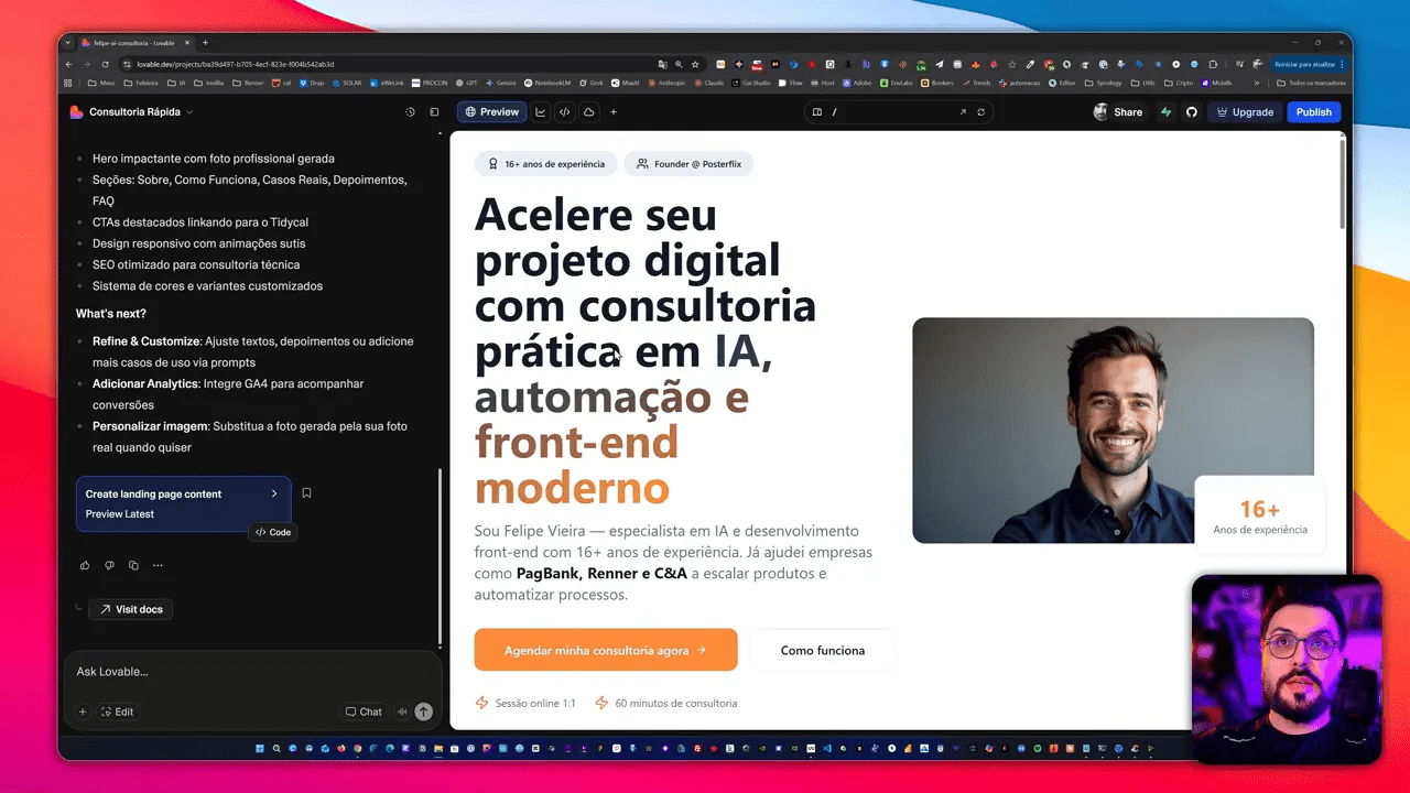 Preview da landing no Lovable mostrando hero com CTA e foto do autor