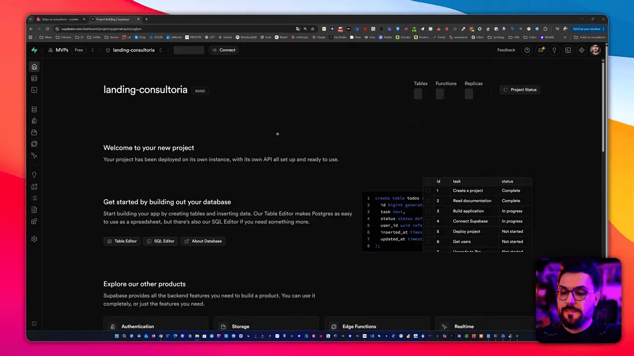 Painel do projeto Supabase 'landing-consultoria' com mensagem 'Welcome to your new project', botões Table Editor/SQL Editor e miniatura do apresentador no canto.