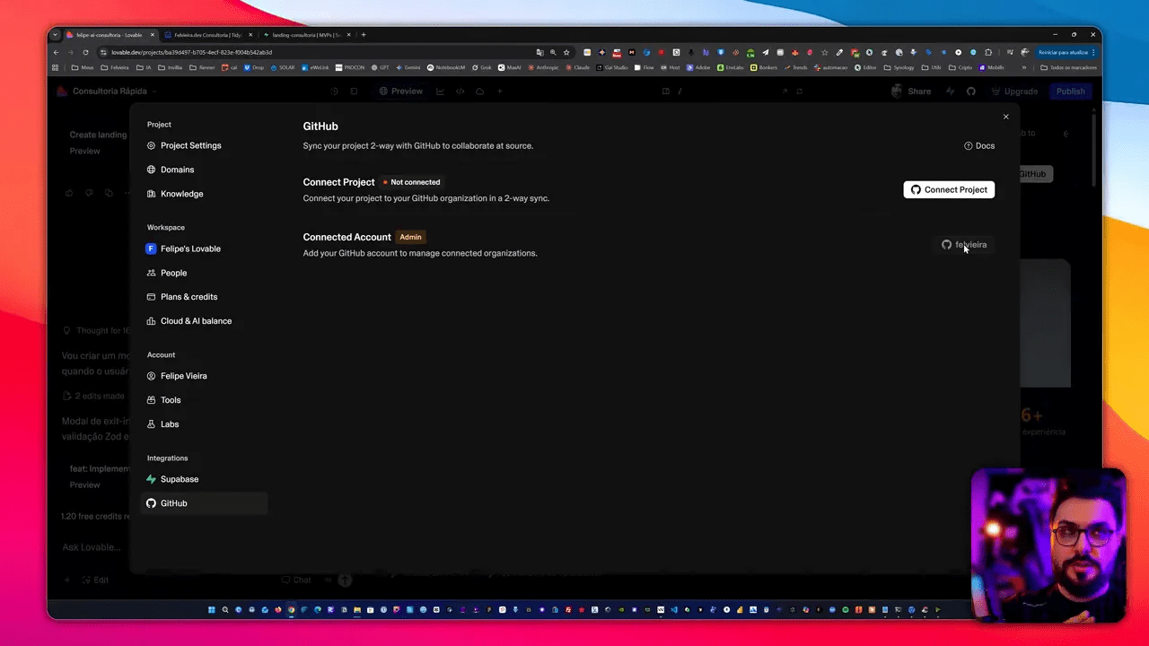 Tela do Lovable mostrando o modal 'GitHub' com 'Connect Project', 'Connected Account' e menu lateral de Project/Integrations