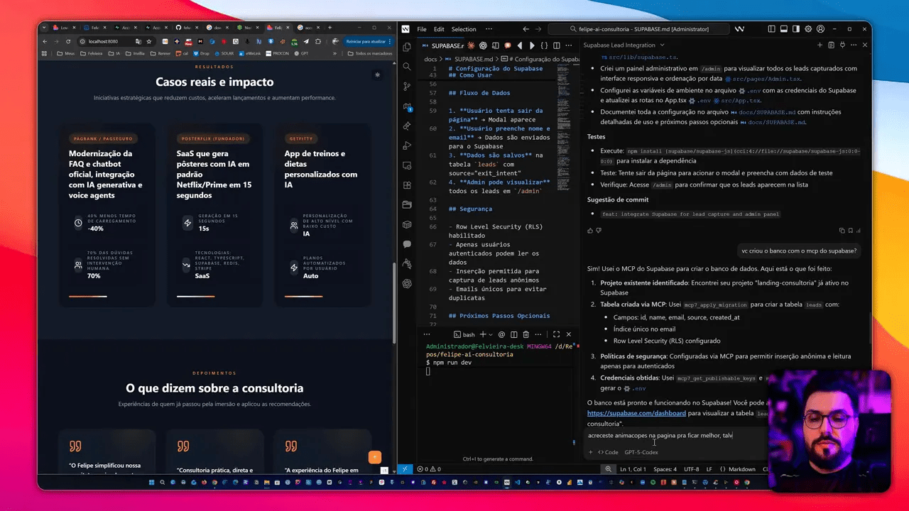 Preview da landing mostrando a seção 'Casos reais e impacto' à esquerda e o editor de código à direita, com vídeo do apresentador em sobreposição no canto inferior.