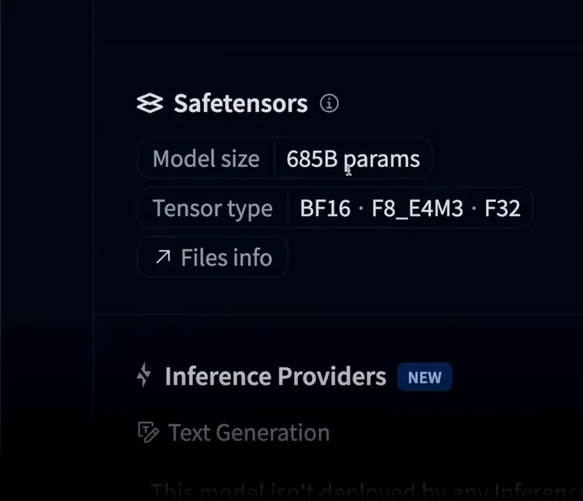Interface de safetensors com indicação 'Model size 685B params', painel de terminal ao lado e apresentador em miniatura no canto direito.