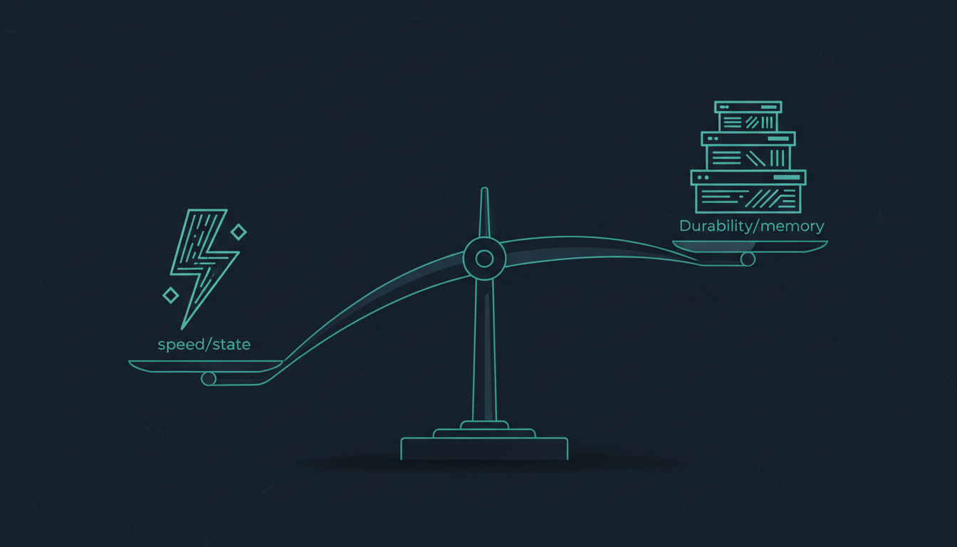 Balança em equilíbrio: speed/state de um lado, durability/memory do outro