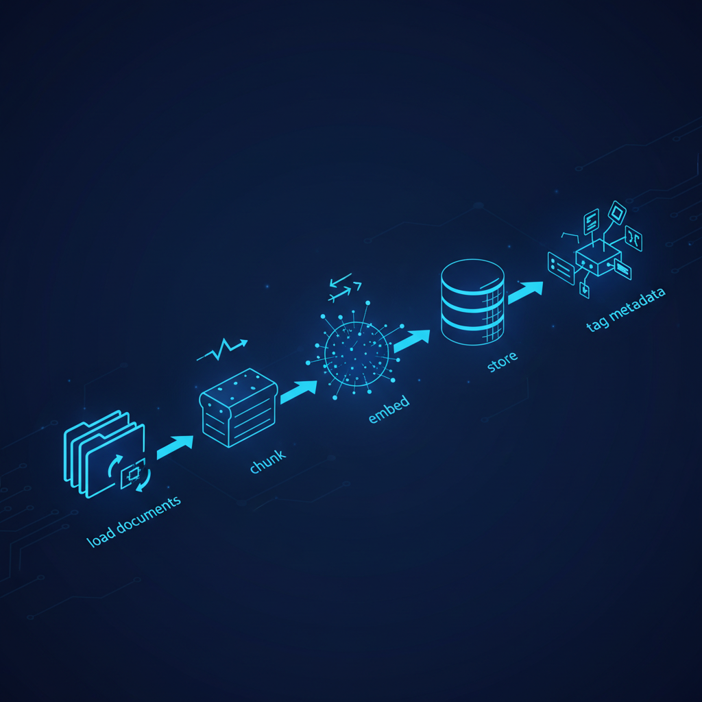Pipeline de ingestão de 5 passos — load, chunk, embed, store, tag — com setas brilhantes conectando os estágios