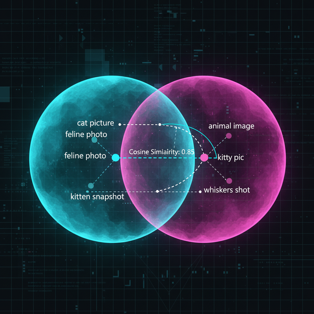 Espaço vetorial mostrando duas frases diferentes mapeadas para pontos próximos por similaridade semântica, com visualização do ângulo cosseno entre vetores