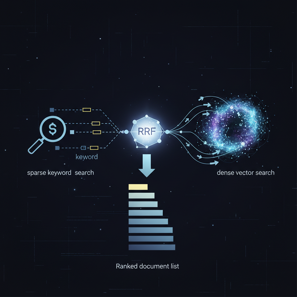 Arquitetura de retrieval híbrido combinando busca por keyword esparsa e busca vetorial densa, fundidas via RRF, output como lista ranqueada