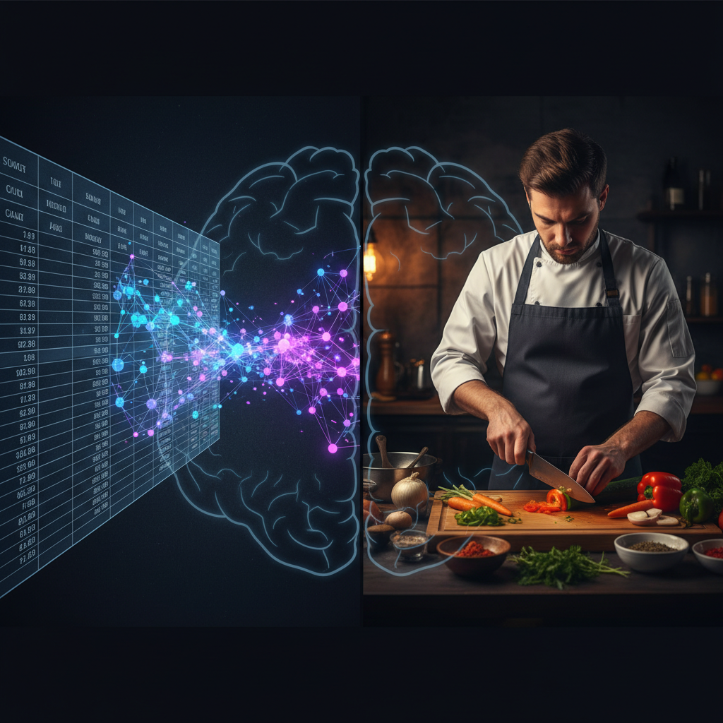 Features como colunas de uma planilha alimentando uma rede neural, ao lado de um chef preparando ingredientes (metáfora pra feature engineering)