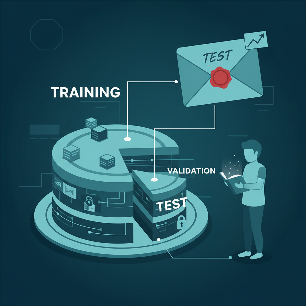Dataset dividido em três fatias representando treino, validação e teste, ao lado de um estudante com envelope lacrado de prova final
