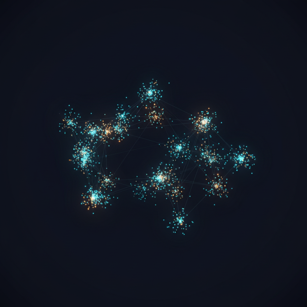 Espaço vetorial 3D mostrando embeddings de conceitos como pontos brilhantes agrupados por similaridade semântica