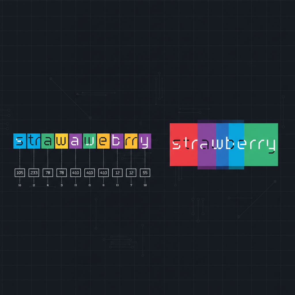 Frase sendo dividida em chunks de tokens coloridos, cada um mapeado pra um ID numérico, e a palavra strawberry quebrada em três pedaços mostrando por que LLMs não contam letras