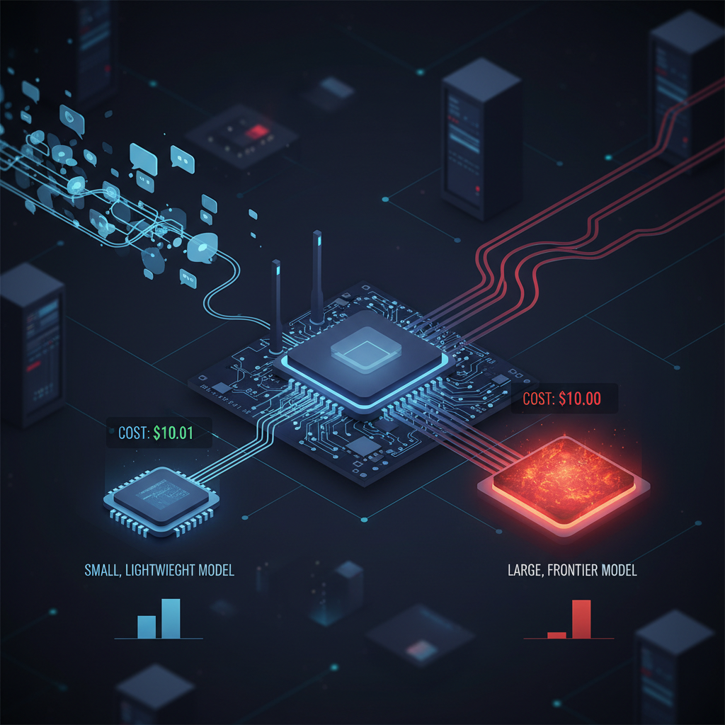 Router de circuito dividindo queries em dois caminhos — modelo pequeno barato e modelo grande caro — com medidores de custo mostrando diferença dramática