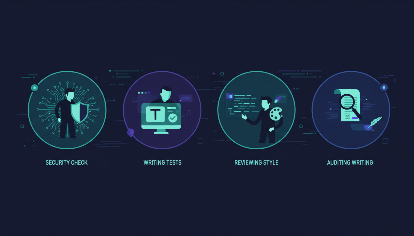 Quatro agentes paralelos trabalhando simultaneamente em aspectos diferentes do código: security, tests, style, writing