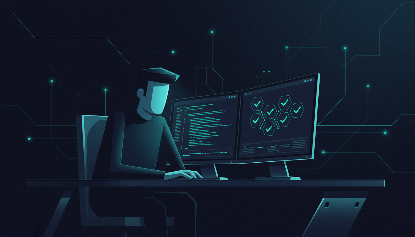 Ilustração de cover: developer setup dual-monitor com dashboard estruturado mostrando checkmarks verdes