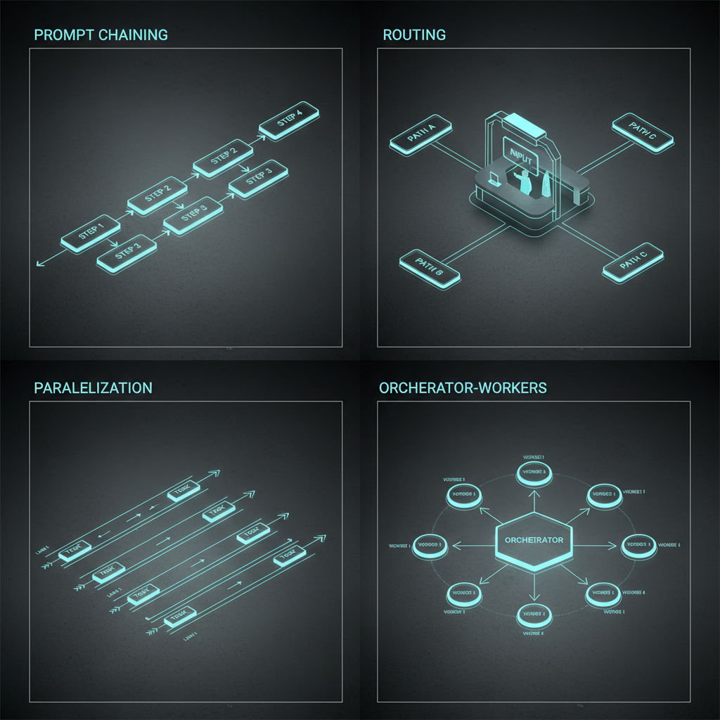 4 quadrantes dos workflow patterns — Prompt Chaining (linear), Routing (front desk), Parallelization (lanes paralelas), Orchestrator-Workers (hub-and-spoke)