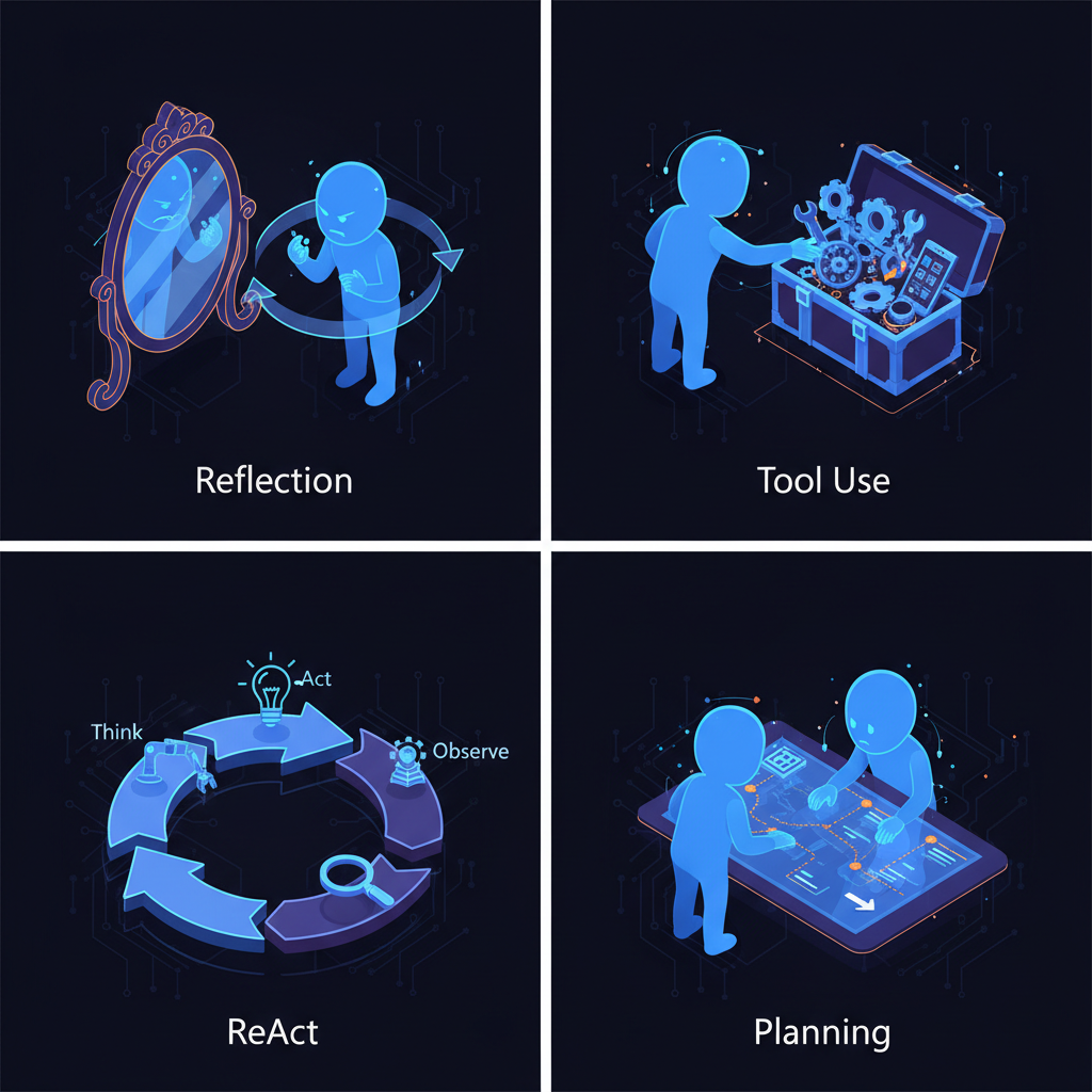 4 painéis dos agent patterns — Reflection (LLM olhando no espelho), Tool Use (mão pegando da toolbox), ReAct (ciclo think-act-observe), Planning (LLM desenhando roadmap)