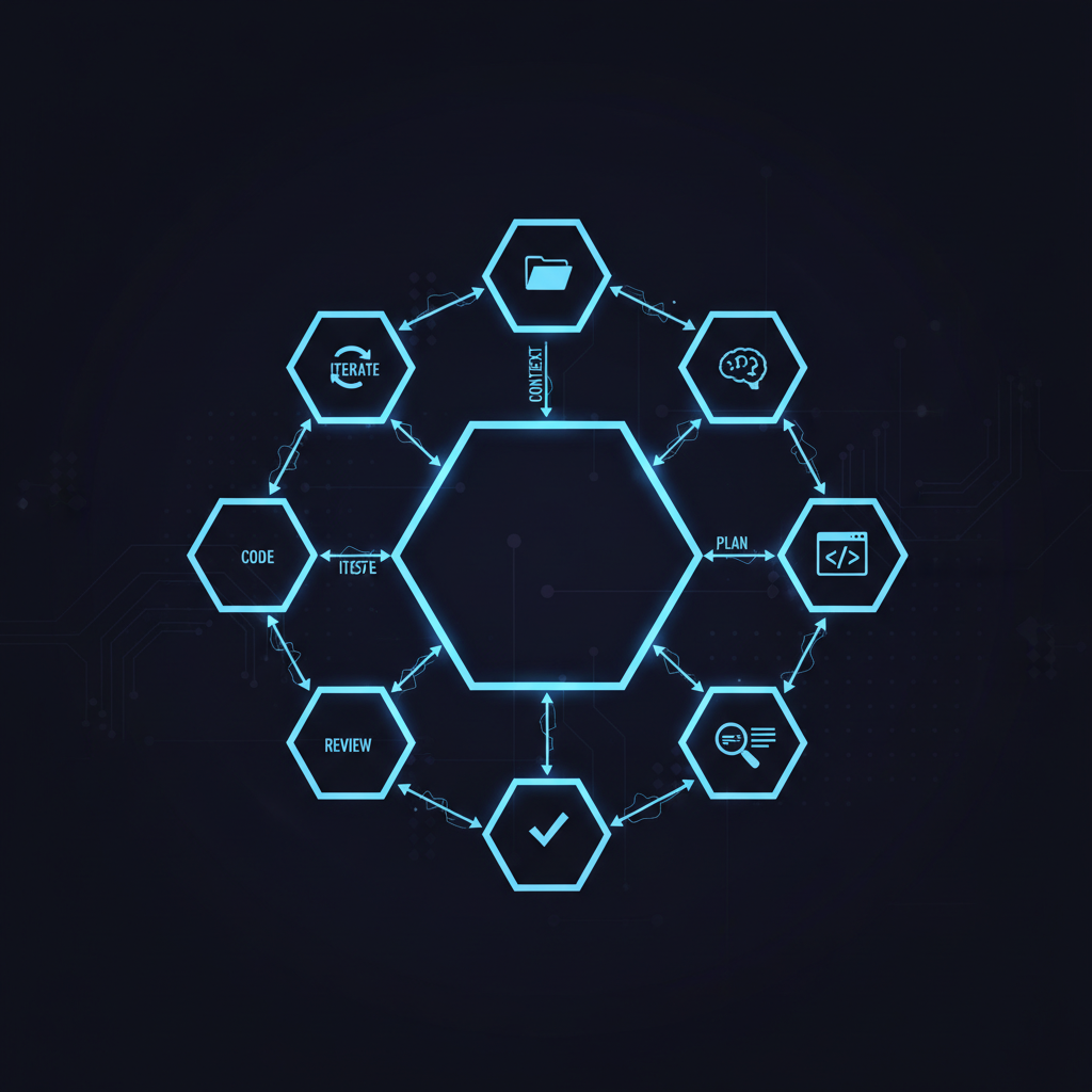 Diagrama hexagonal do loop com 6 estágios — Context, Plan, Code, Review, Test, Iterate — conectados em ciclo com ícones