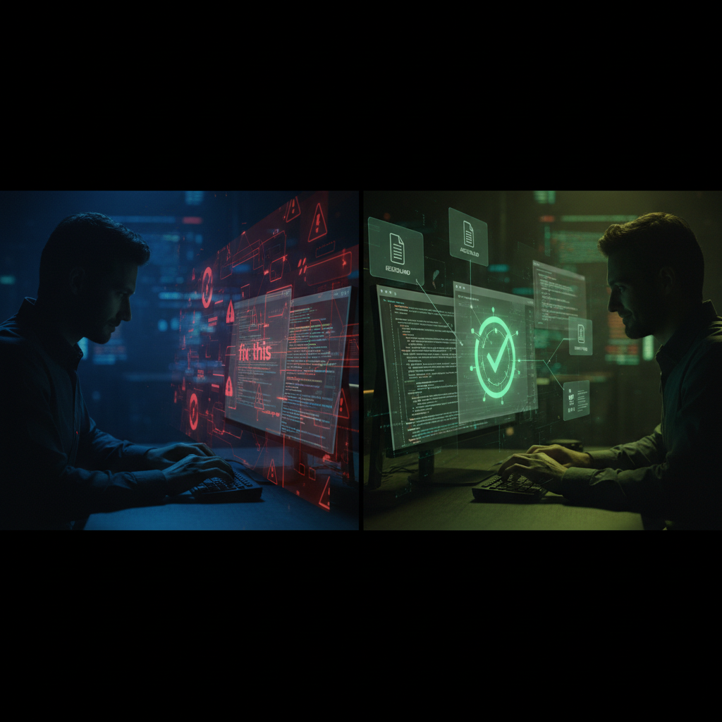 Comparativo lado a lado — desenvolvedor com fix this minimalista e AI gerando solução errada, vs desenvolvedor com README, AGENTS.md e logs anexados e AI gerando solução correta