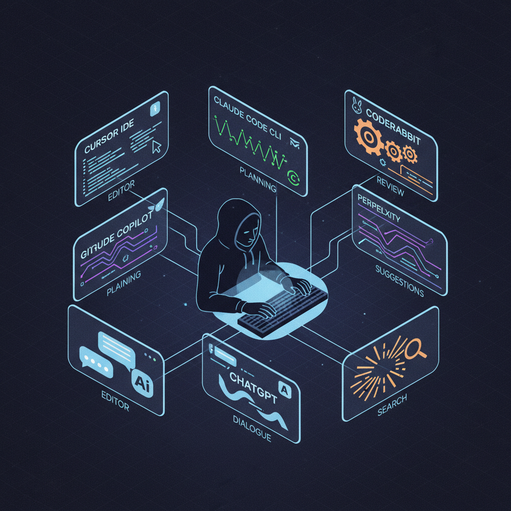 Ecossistema de ferramentas — Cursor, Claude Code, GitHub Copilot, ChatGPT, Perplexity, CodeRabbit — cada uma com sua especialidade