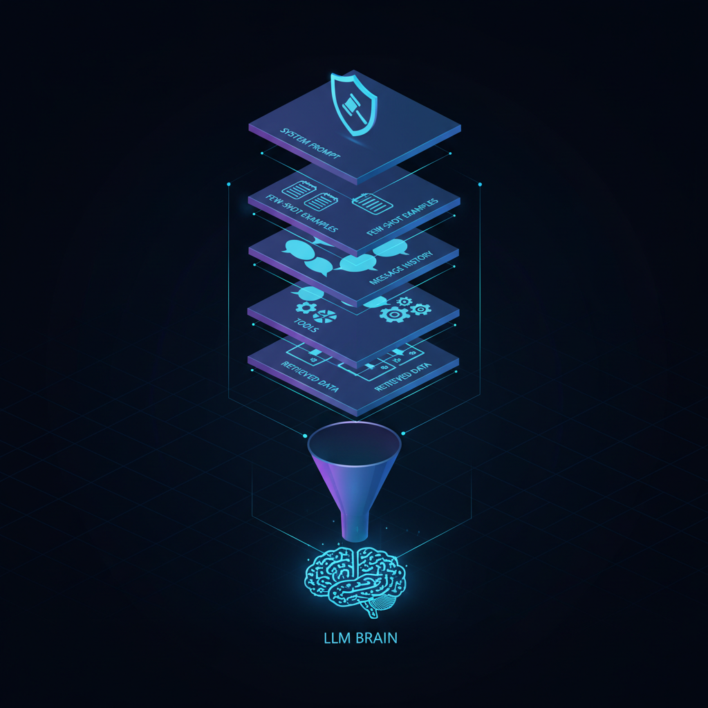 Camadas empilhadas da anatomia do contexto — system prompt no topo, few-shot examples, message history, tools, retrieved data — fluindo num funil pra LLM