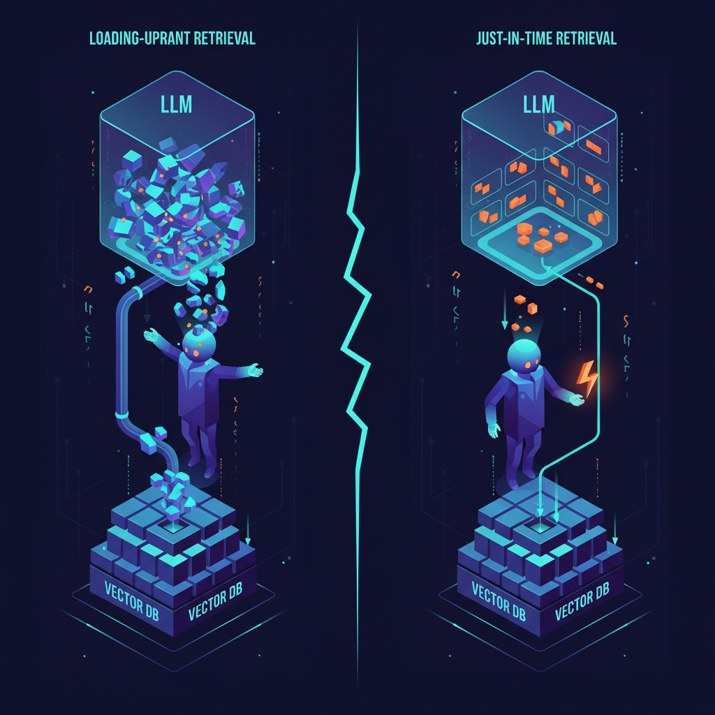Comparativo lado a lado — loading upfront com agent puxando todos os chunks de uma vez, vs just-in-time fazendo múltiplas round-trips menores