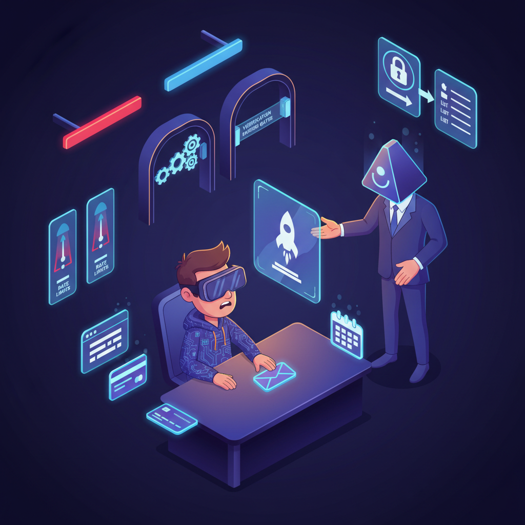 Estagiário digital recebendo meta de alto nível com ferramentas (browser, cartão, email, calendário) e guardrails visíveis (rate limit, allow-list, verification gates)