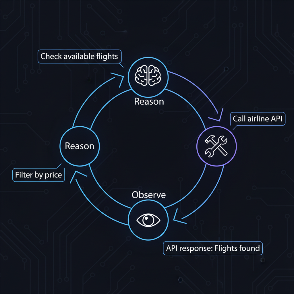 Loop ReAct com 4 estágios — Reason (cérebro), Act (ferramenta), Observe (olho), de volta a Reason — cercado por breadcrumbs de booking de voo