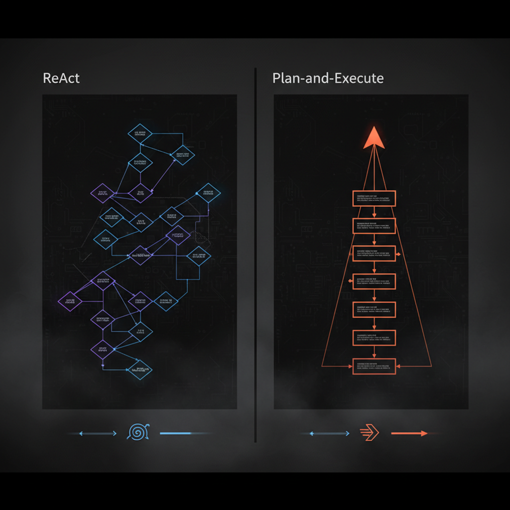 Comparativo ReAct (caminho zig-zag adaptativo, mais lento mas flexível) vs Plan-and-Execute (caminho linear waterfall, mais rápido mas rígido)