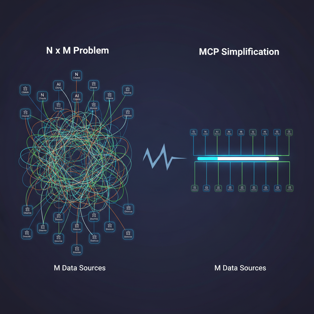 N×M problem — esquerda mostra spaghetti web tangled de clients e data sources, direita mostra MCP com hub-and-spoke limpo através de protocolo único