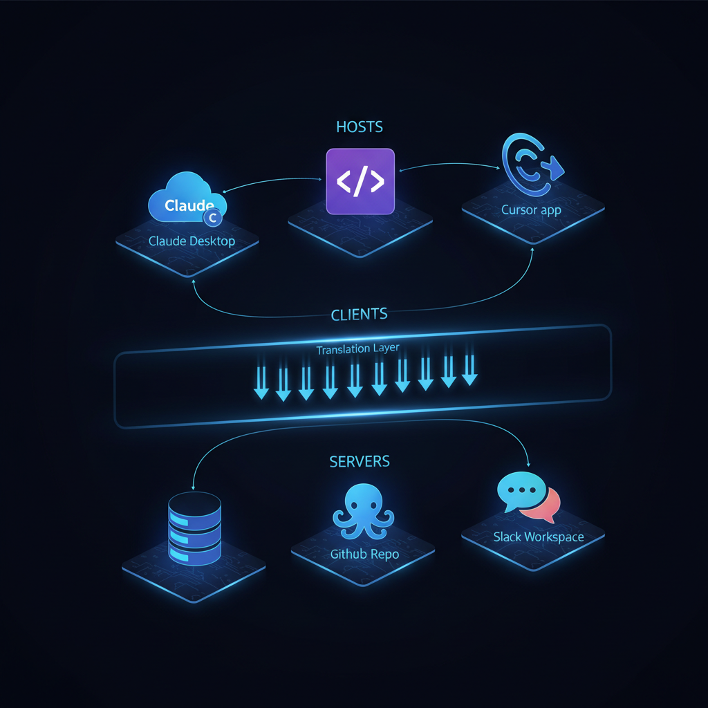 Arquitetura 3 layers — Hosts no topo (Claude Desktop, VSCode, Cursor), Clients no meio (translation layer), Servers embaixo (database, GitHub, Slack)
