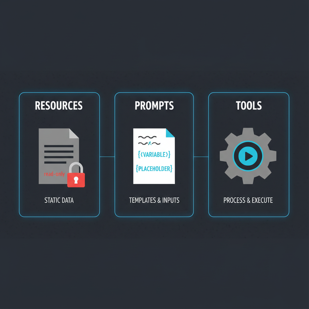 3 primitives — Resources (file com cadeado read-only), Prompts (template com variáveis), Tools (gear com action button)