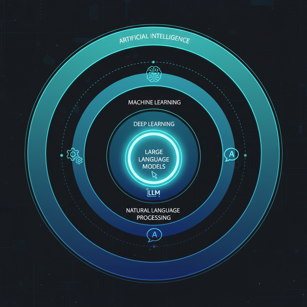 Hierarquia de conceitos em círculos concêntricos — AI por fora, ML, Deep Learning, NLP, e LLMs no núcleo