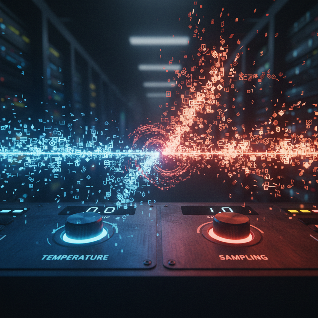 Controles de sampling — temperature baixa produzindo output determinístico estreito vs temperature alta produzindo output criativo ramificado