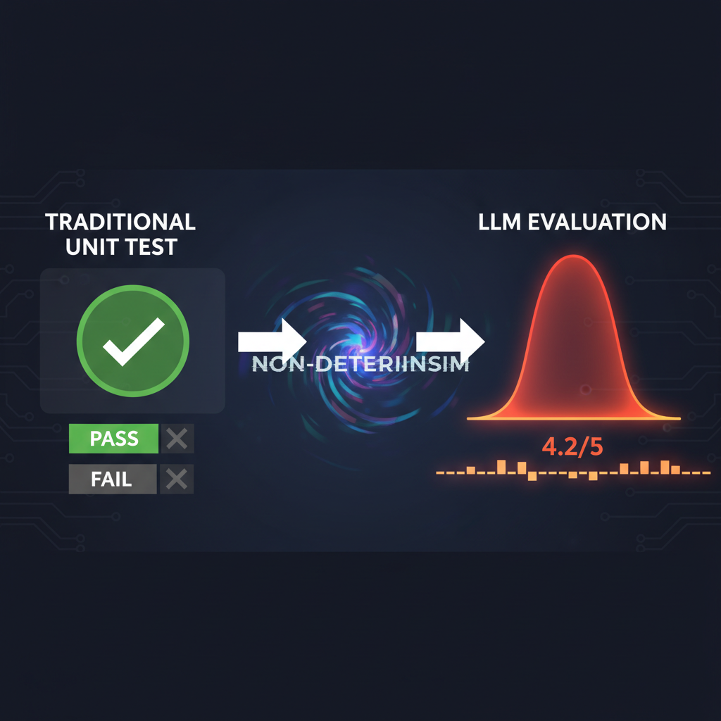 Unit test tradicional com checkmark binário vs LLM eval com distribuição probabilística, score 4.2/5 com variance bars