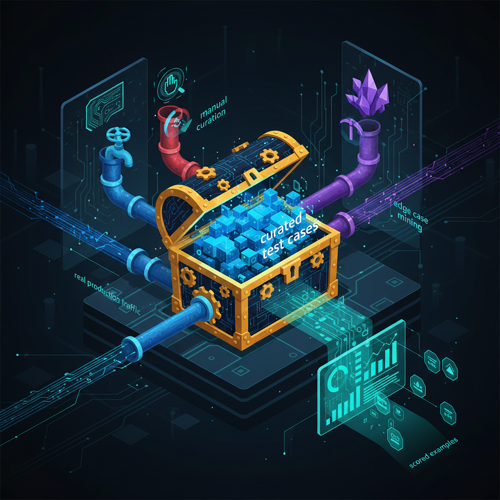 Golden set como baú de tesouro contendo test cases curados, alimentado por pipelines de produção, curadoria manual e edge case mining