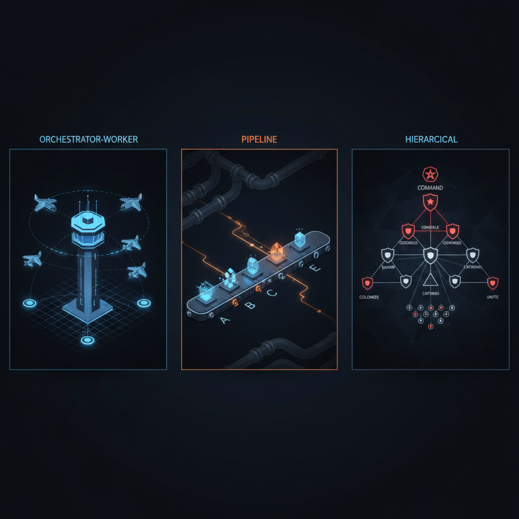 Três topologias centralizadas — Orchestrator-Worker (torre de controle aéreo), Pipeline (linha de montagem), Hierarchical (árvore militar de comando)