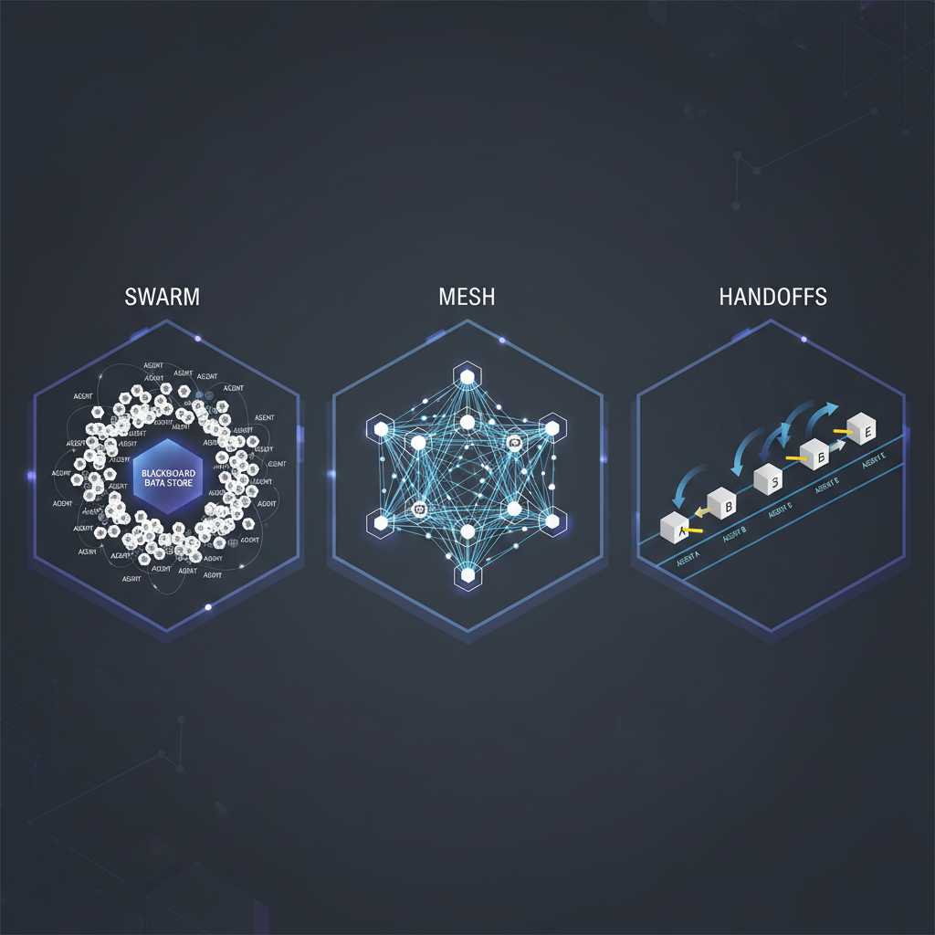 Três topologias descentralizadas — Swarm (nuvem de agents iguais ao redor de blackboard), Mesh (web peer-to-peer), Handoffs (relay race com bastão)