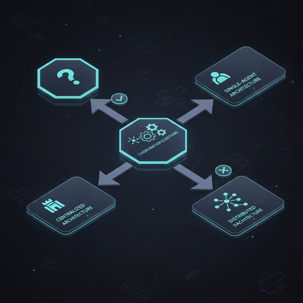 Flowchart de decisão — precisa multi-agent? branches sim/não, central vs distribuído, cards finais com cada arquitetura