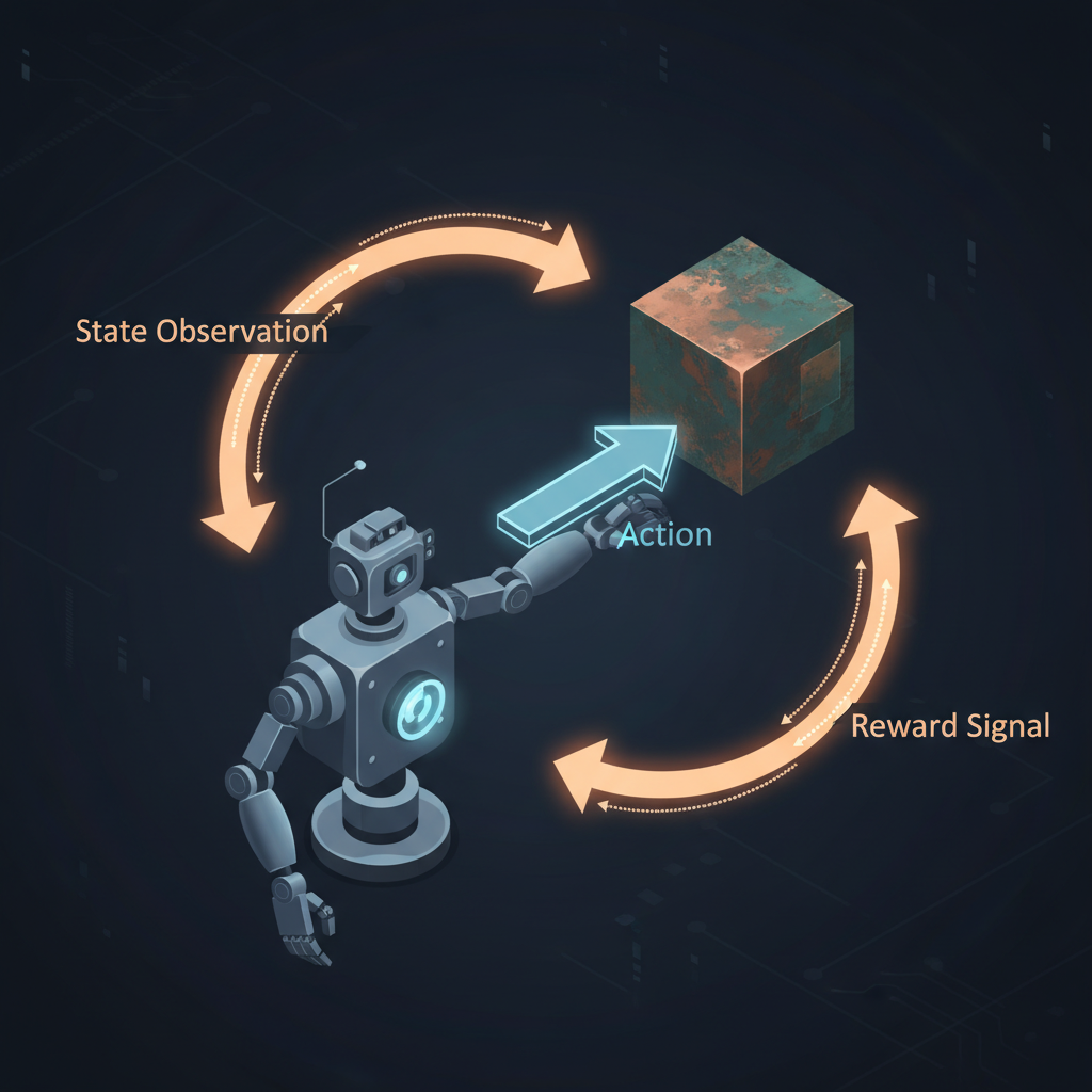 Loop clássico de RL — agent envia ação ao environment, environment responde com state observation e reward