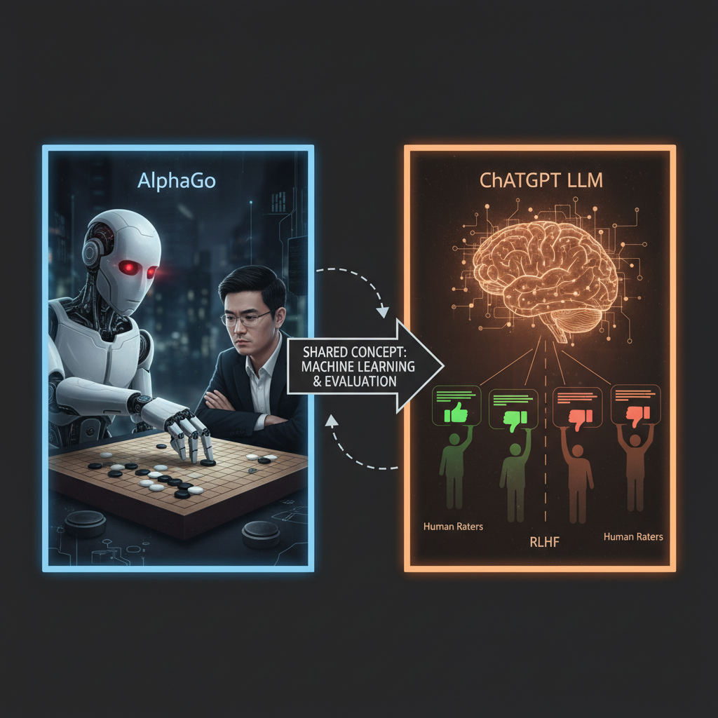Painel duplo — AlphaGo jogando Go contra humano à esquerda, ChatGPT com humanos dando thumbs up/down em pares de respostas (RLHF) à direita