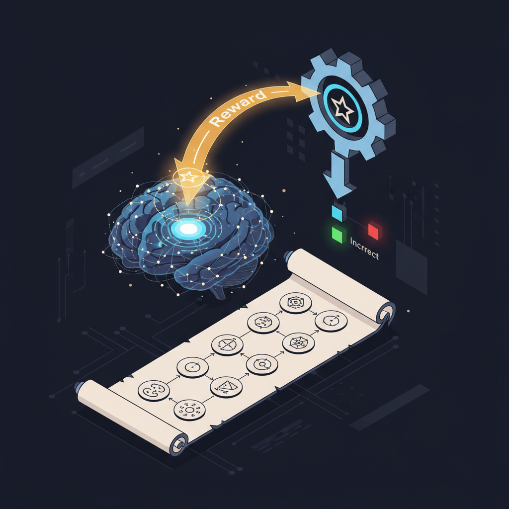 LLM agent resolvendo problema de matemática com chain-of-thought visível, verifier dando sinal correct/incorrect, reward fluindo de volta pra atualizar parâmetros