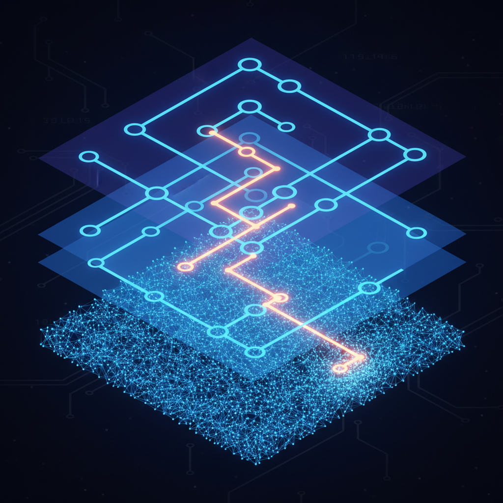 Visualização do grafo HNSW com 3 camadas empilhadas — top com poucos nodes grandes e edges longos, middle com mais nodes, bottom denso, query path cascateando por todas