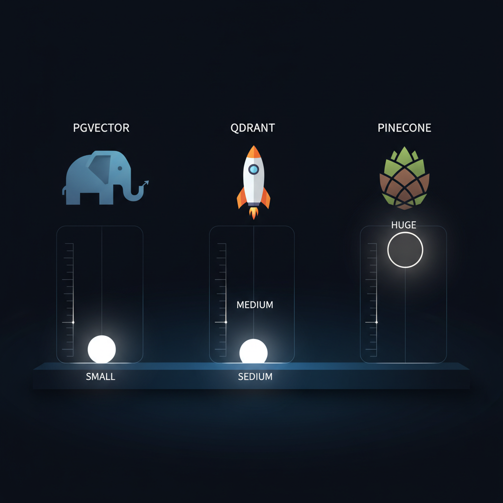 Comparativo de três opções de vector DB — pgvector, Qdrant, Pinecone — com medidores mostrando sweet spots de escala diferentes