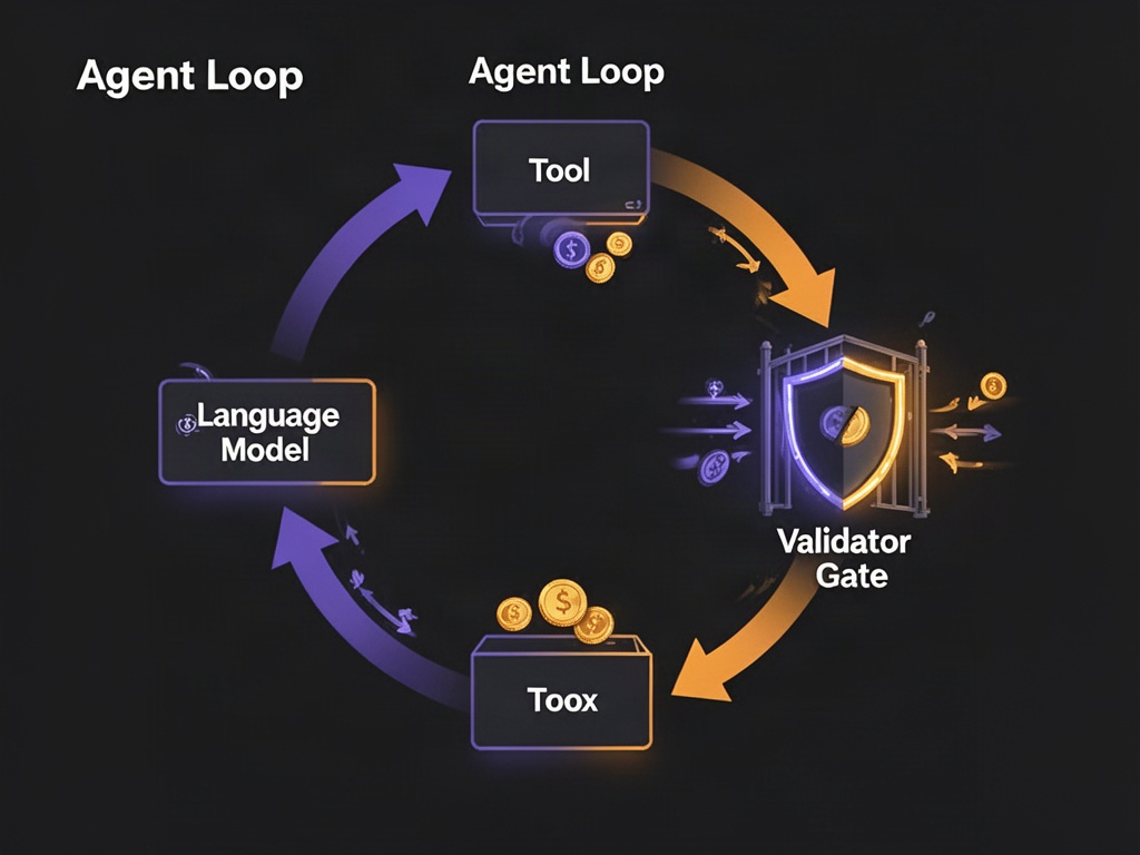 Loop de agente: fluxo circular passando por LLM, ferramenta e um validador em forma de escudo