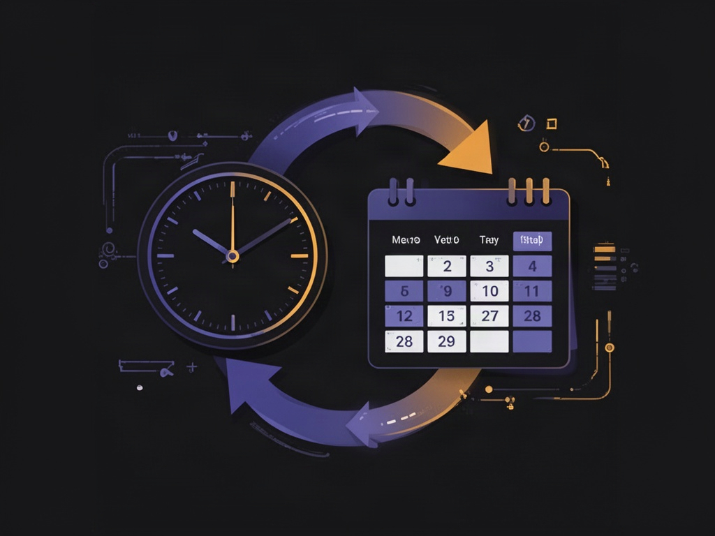 Relógio e calendário se fundindo com uma seta de fluxo de trabalho em loop, representando tarefas de codificação agendadas rodando sem supervisão